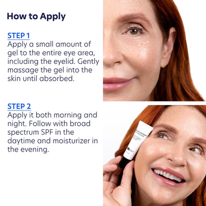 Instructions on how to apply a skincare product with close-up images of a woman's face.