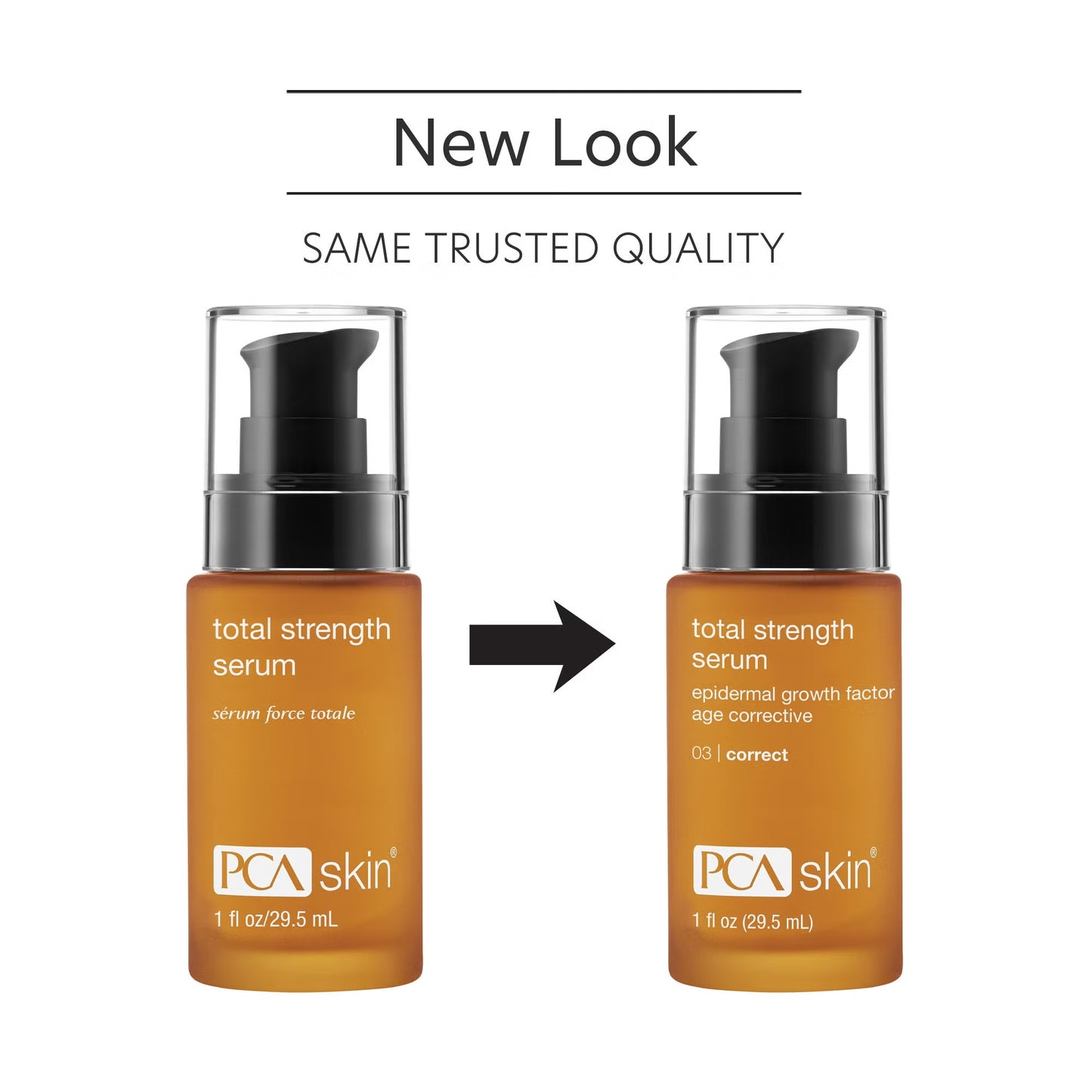 Two bottles of PCA Skin total strength serum with a new look comparison on a white background.