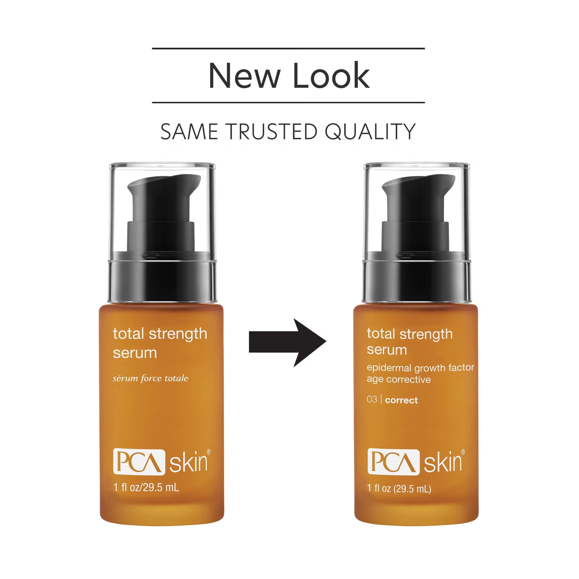 Two bottles of PCA Skin total strength serum with a new look comparison on a white background.