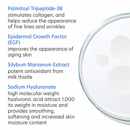 Glass container with skincare ingredients listed on a white background