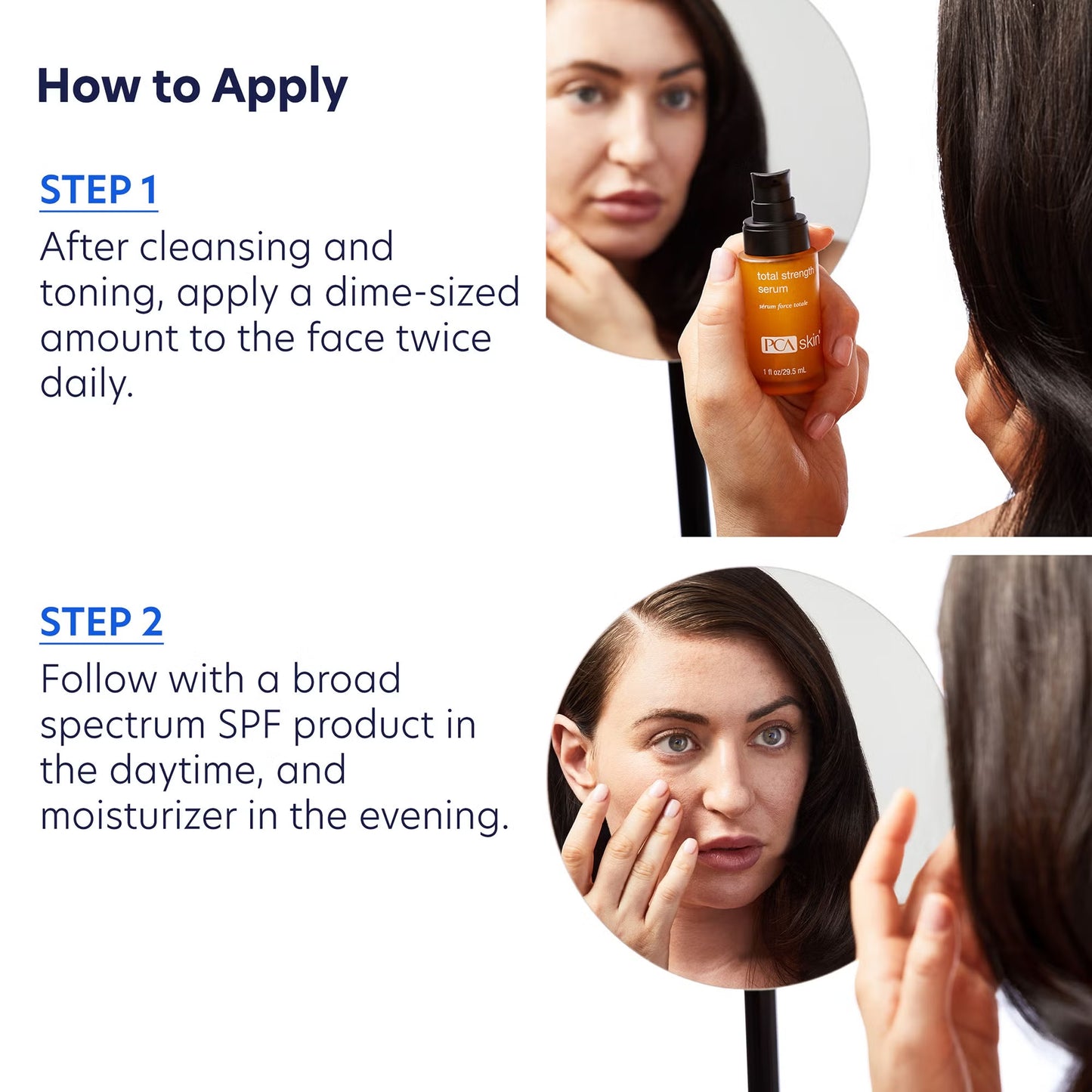 Instructions on how to apply a skincare product with text and images of a woman applying it.