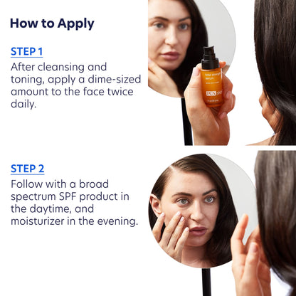 Instructions on how to apply a skincare product with text and images of a woman applying it.