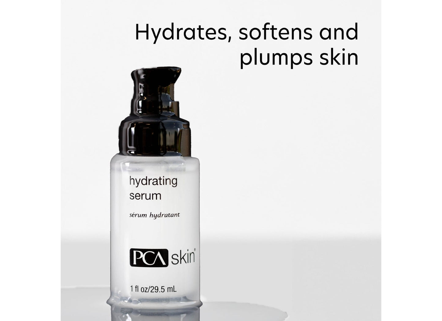 PCA skin hydrating serum bottle on a white background with text indicating benefits.