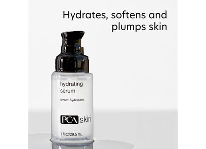 PCA skin hydrating serum bottle on a white background with text indicating benefits.
