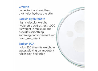 Glass container with text about hydrating ingredients on a white background