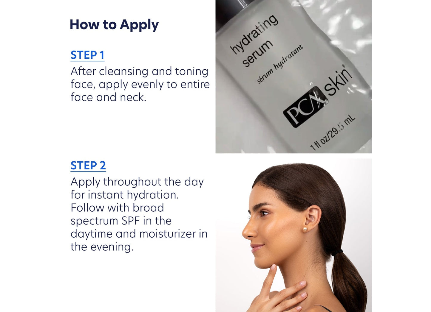 PCA Skin hydrating serum with application instructions on a white background