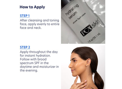 PCA Skin hydrating serum with application instructions on a white background