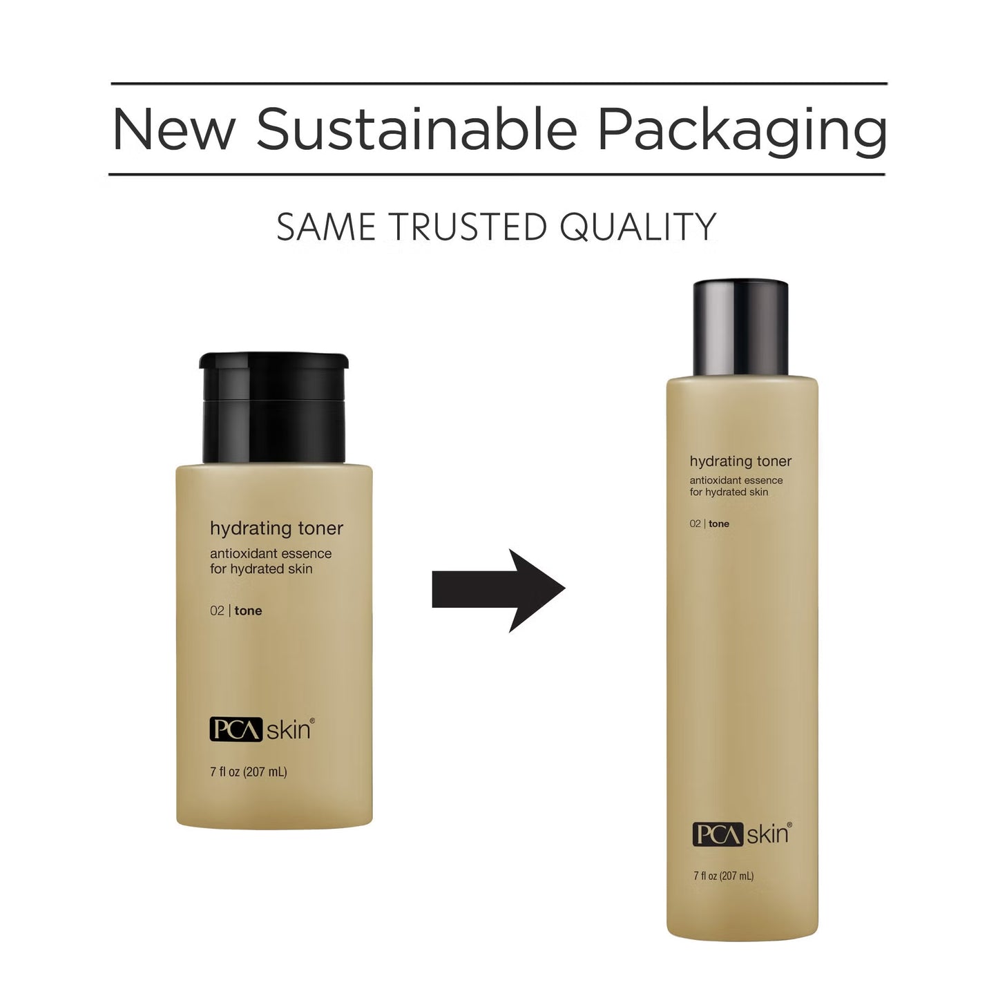 Two bottles of PCA Skin toner with text indicating new sustainable packaging and same trusted quality.