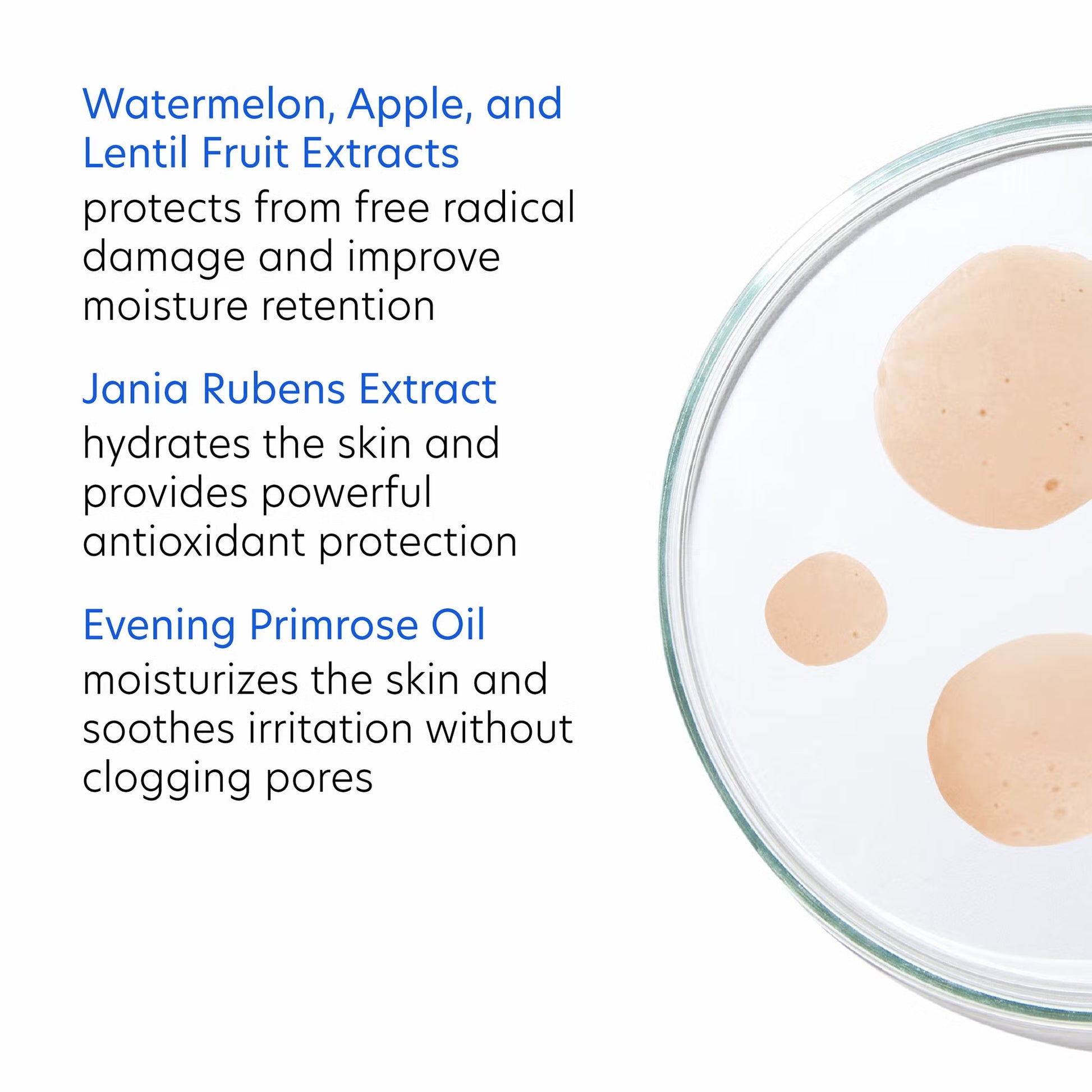 Glass dish with beige samples and text about skincare ingredients on a white background
