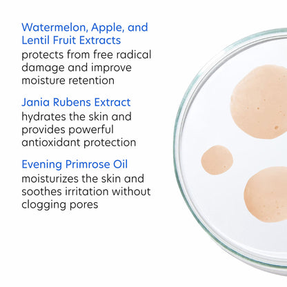 Glass dish with beige samples and text about skincare ingredients on a white background