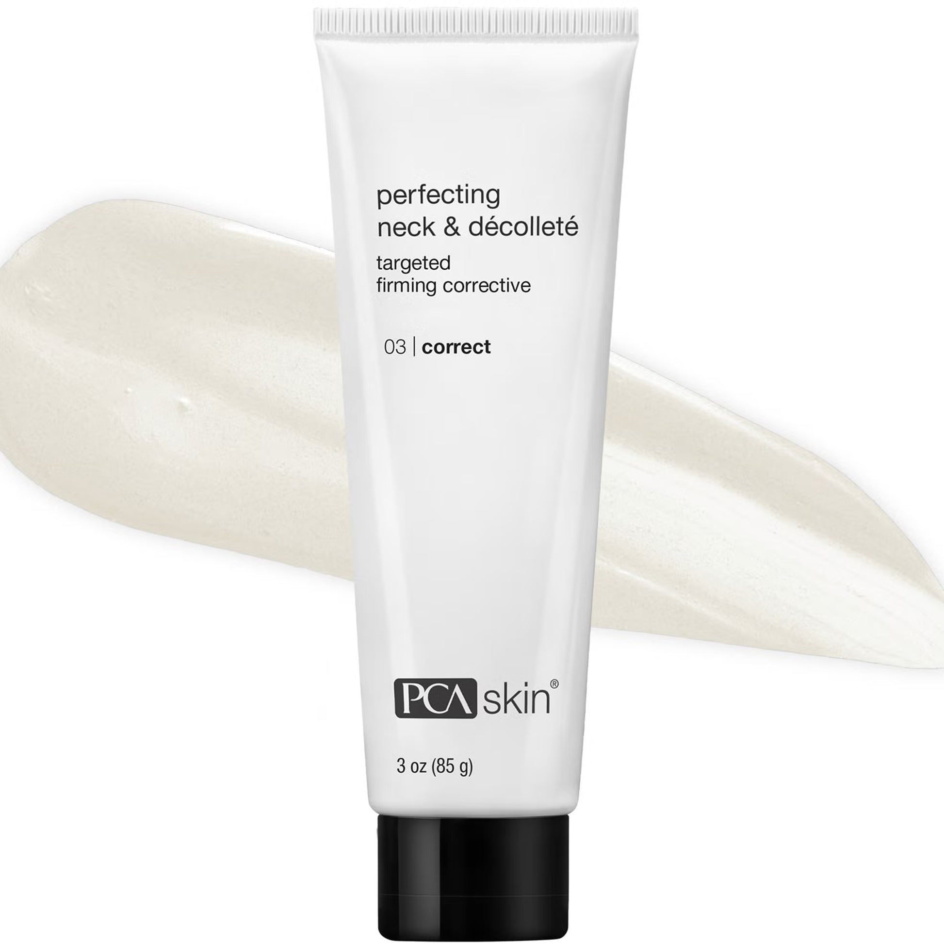 Tube of PCA Skin Perfecting Neck & Decollete cream on a white background