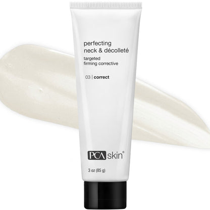 Tube of PCA Skin Perfecting Neck & Decollete cream on a white background