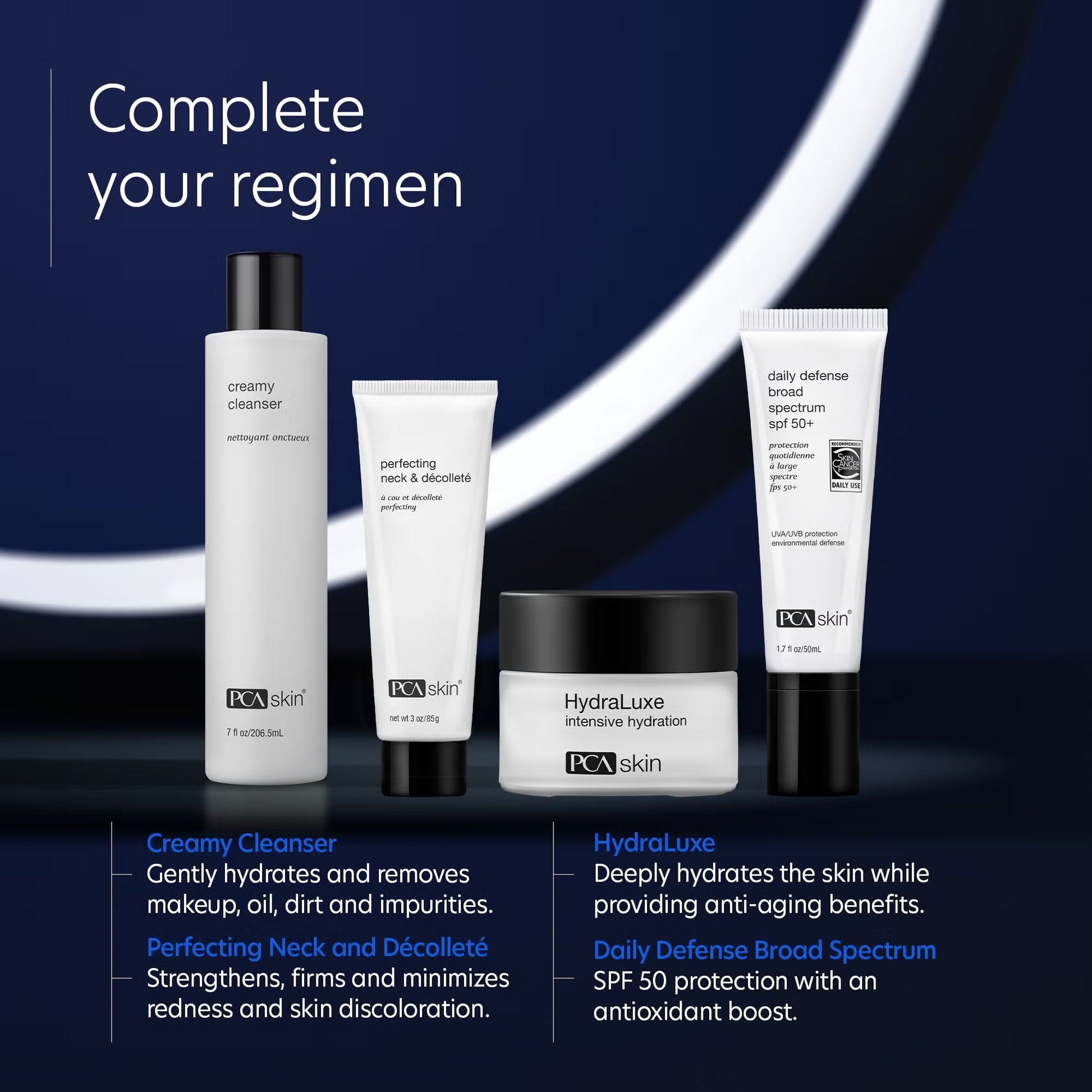 PCA Skin skincare products with descriptions on a dark background