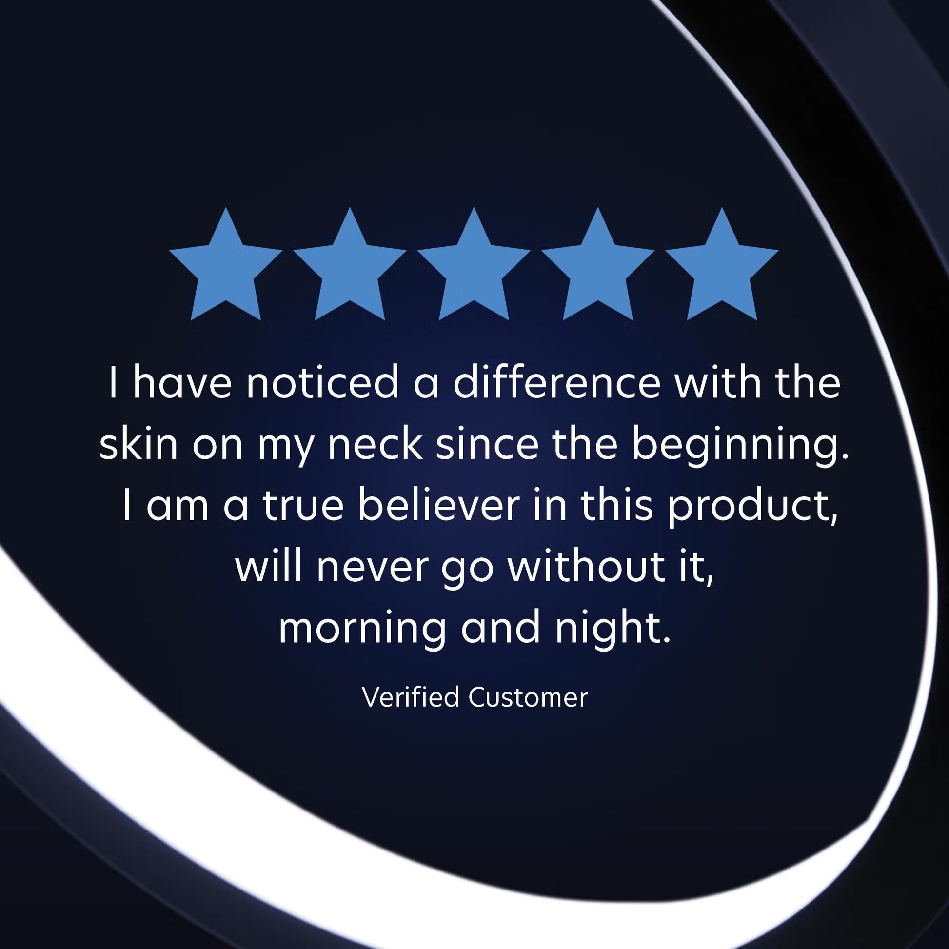 Five-star rating with customer review on a dark background