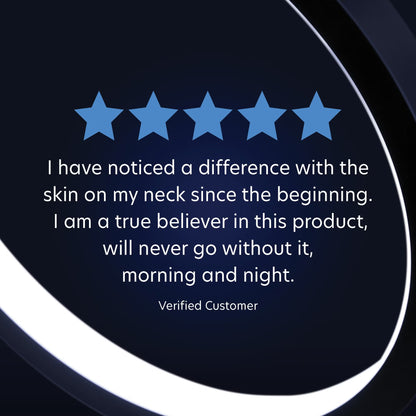 Five-star rating with customer review on a dark background