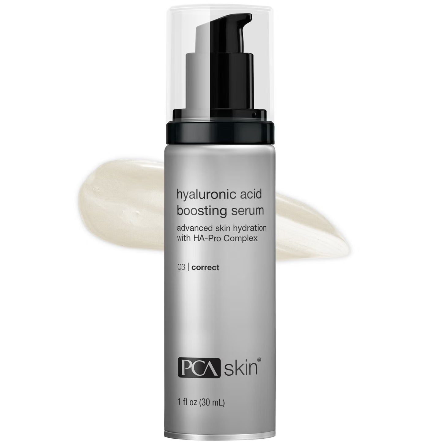 PCA skin hyaluronic acid boosting serum bottle with cream on a white background