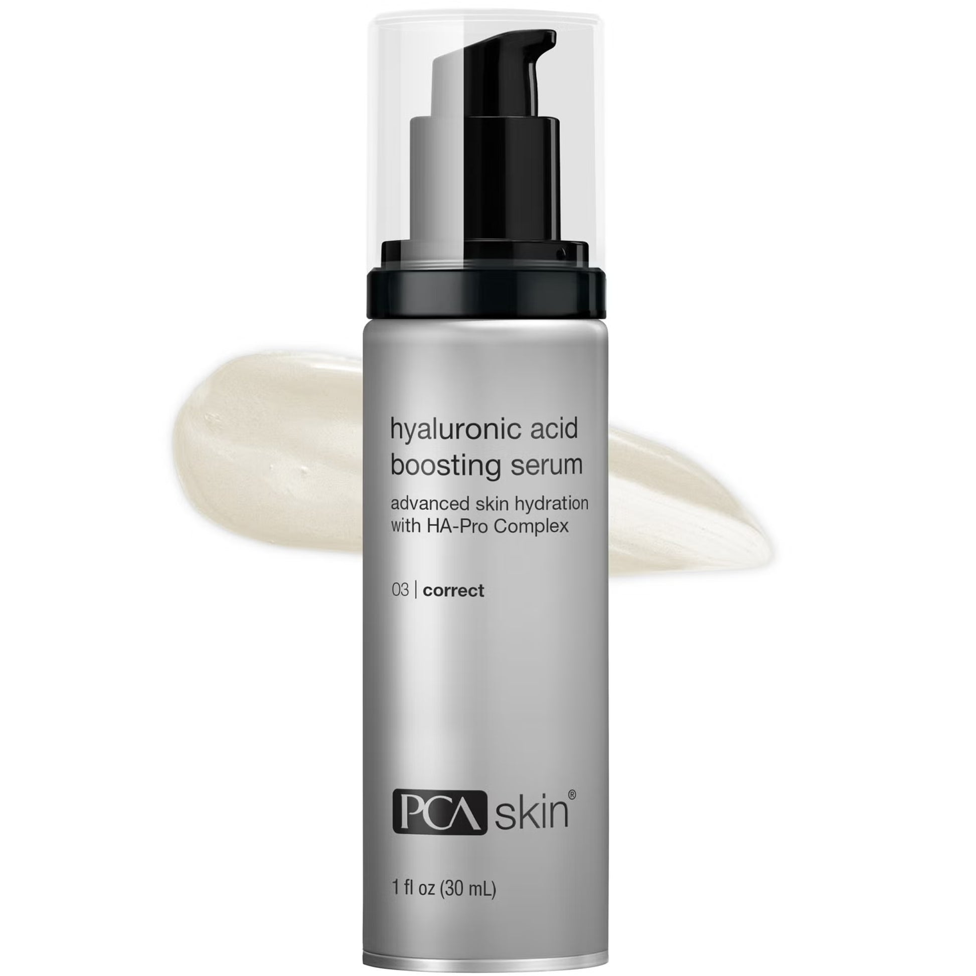PCA skin hyaluronic acid boosting serum bottle with cream on a white background