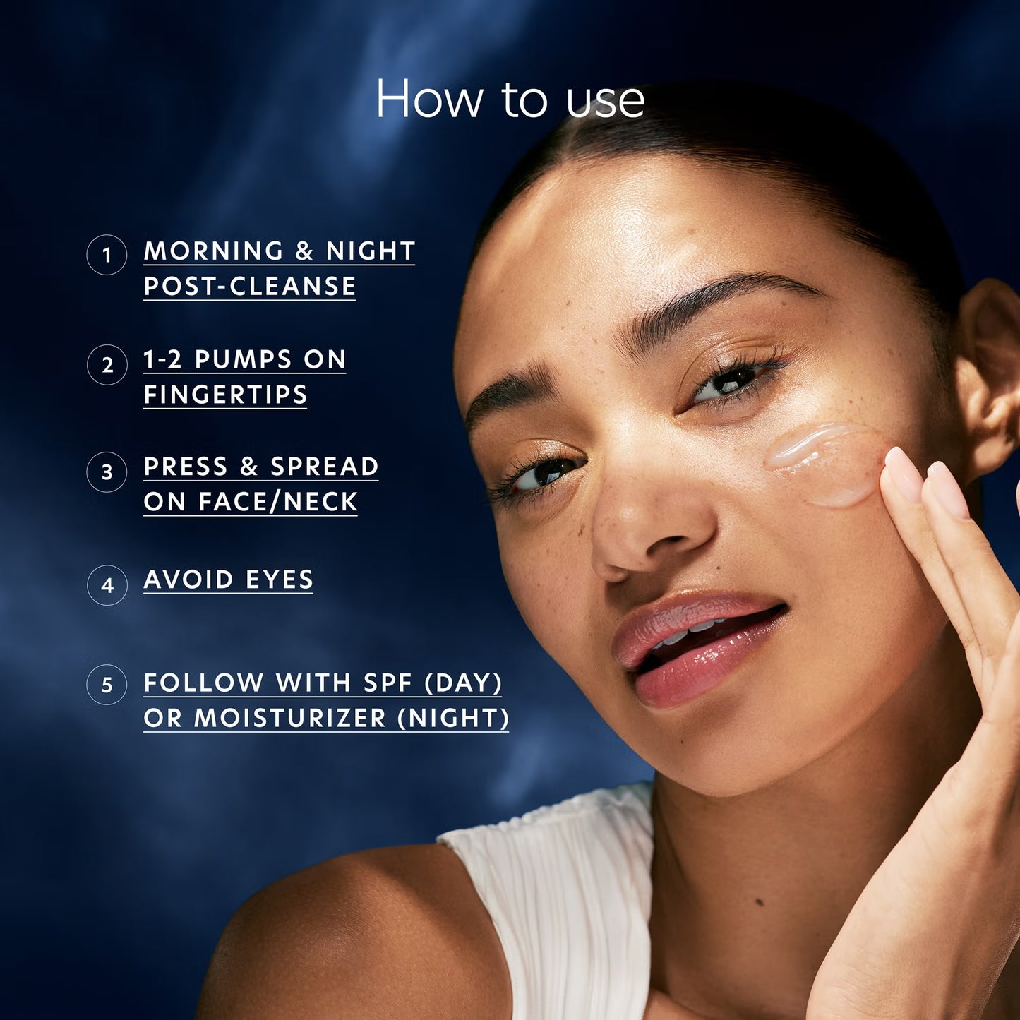 Woman applying skincare product with usage instructions on a dark blue background