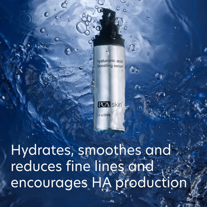 PCA skin hyaluronic acid boosting serum bottle with water droplets on a blue background