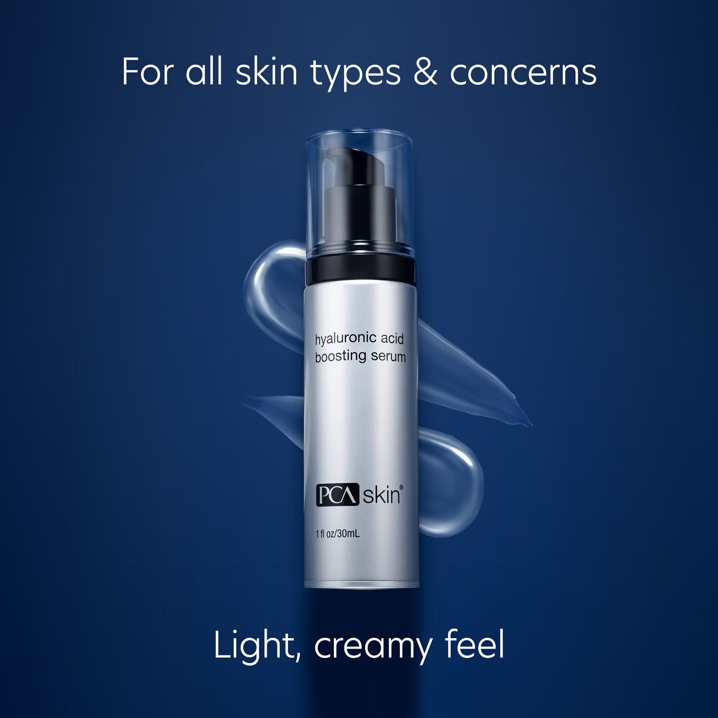 PCA skin hyaluronic acid boosting serum bottle on a blue background