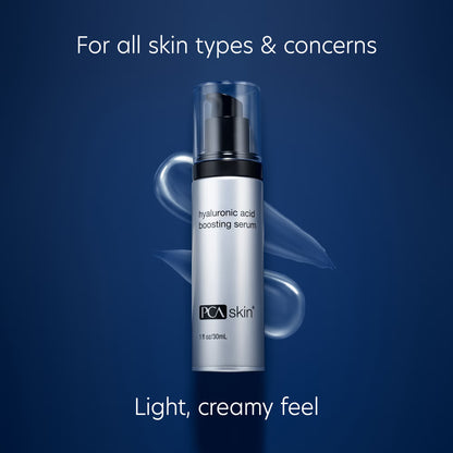 PCA skin hyaluronic acid boosting serum bottle on a blue background
